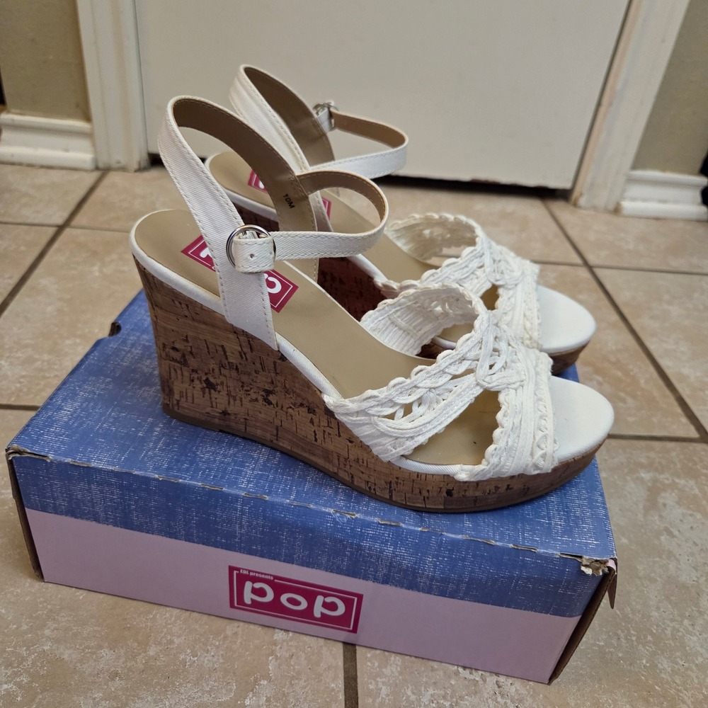 POP Fancee White Crochet Macrame Cork Wedge Sandals Womens 10 Comfort Fit New
